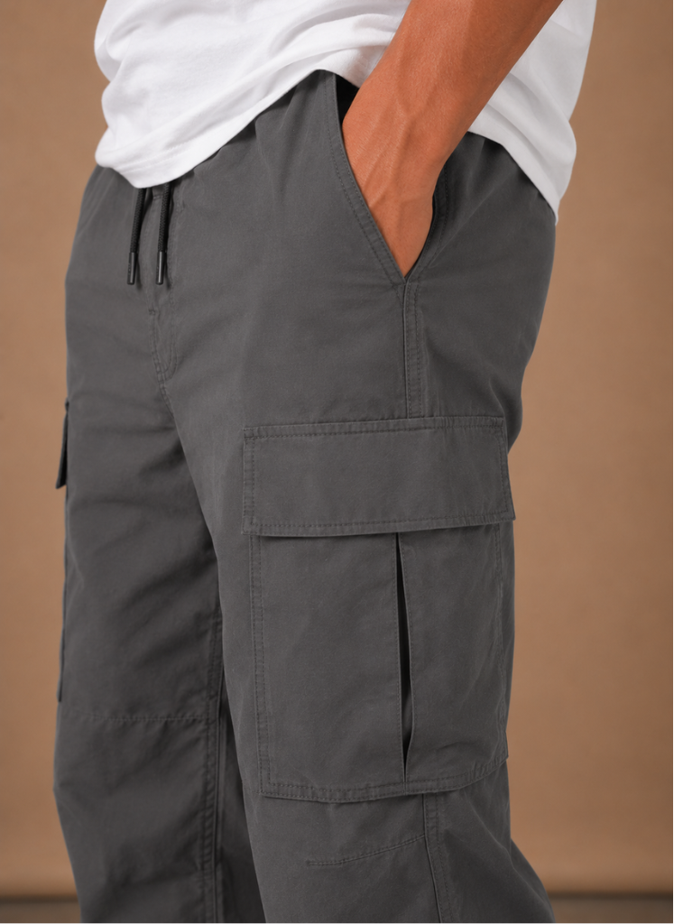 Relaxed utility cargo pants, styled front view