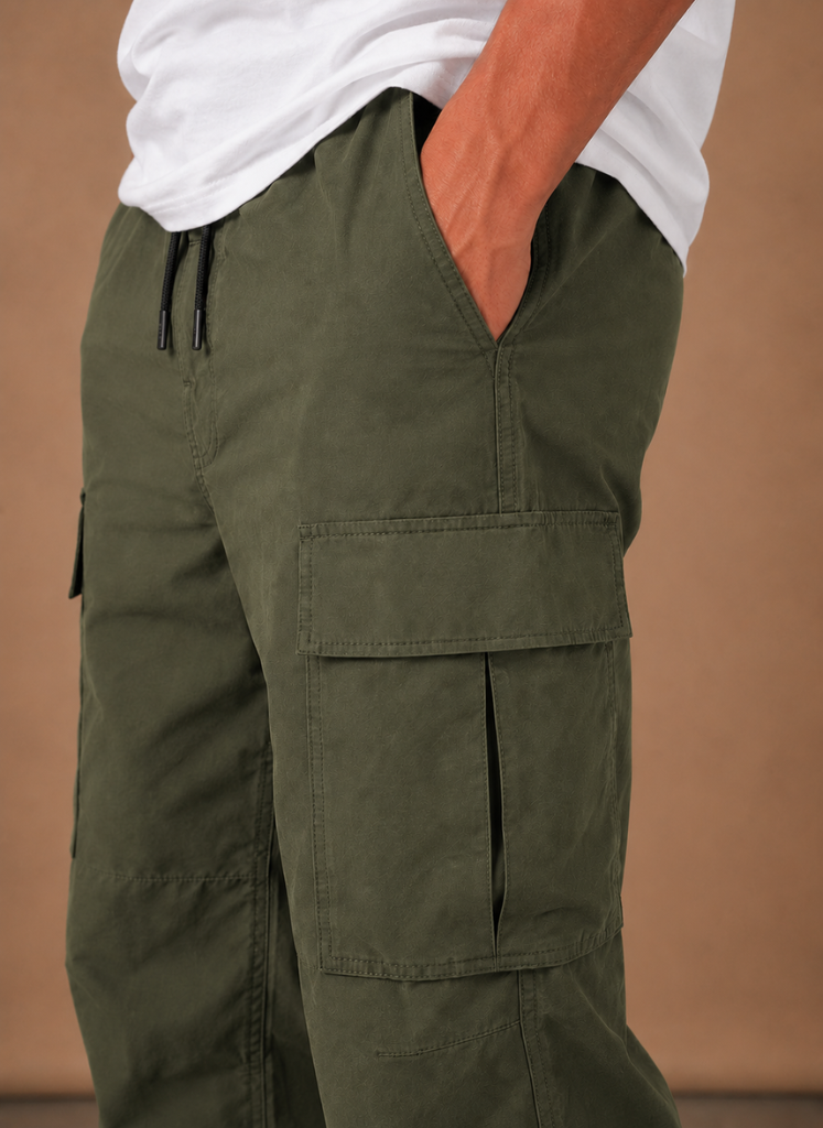 Relaxed utility cargo pants, full look styled view