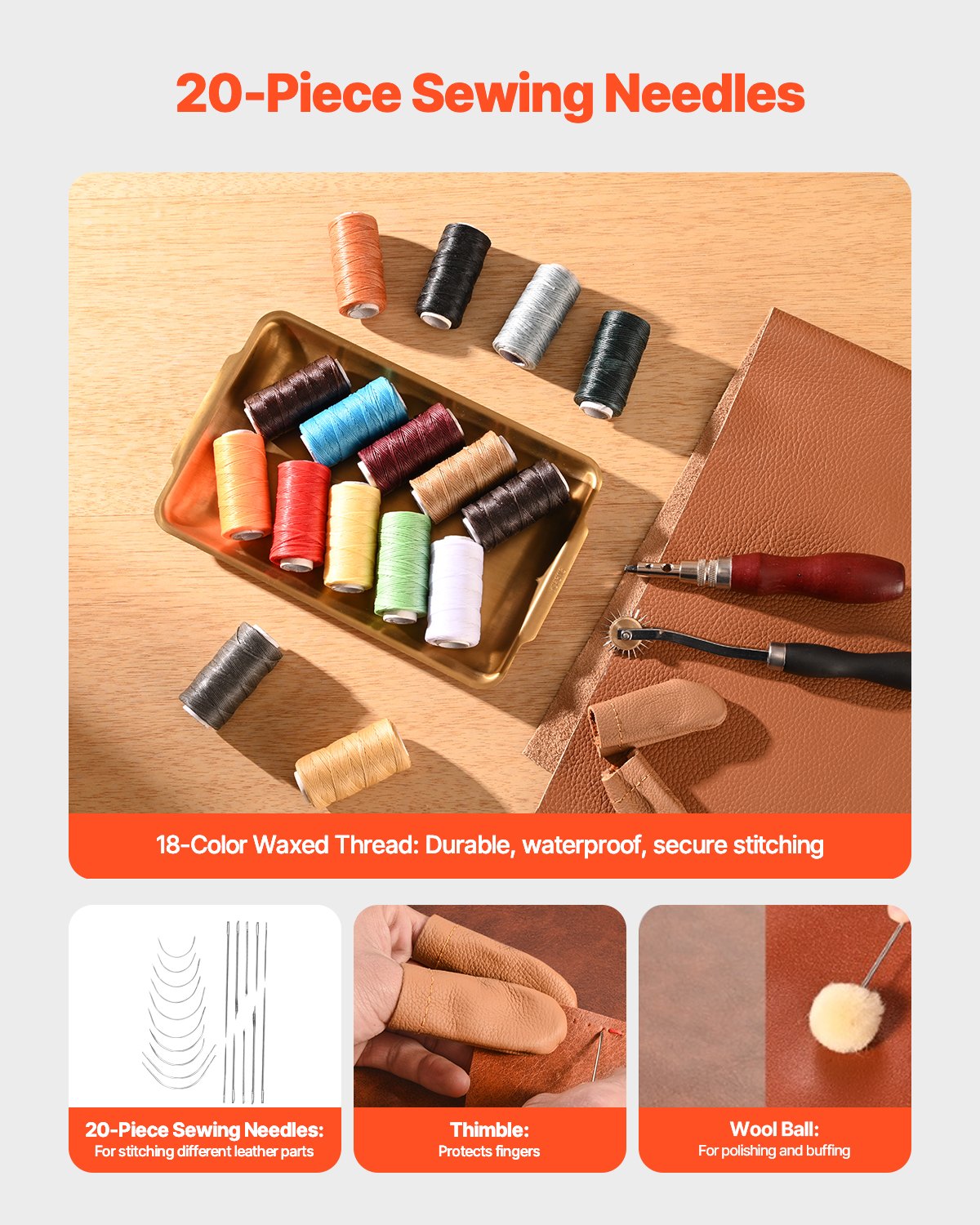 Sewing needle kit with labeled bobbins and waxed thread spools in colors