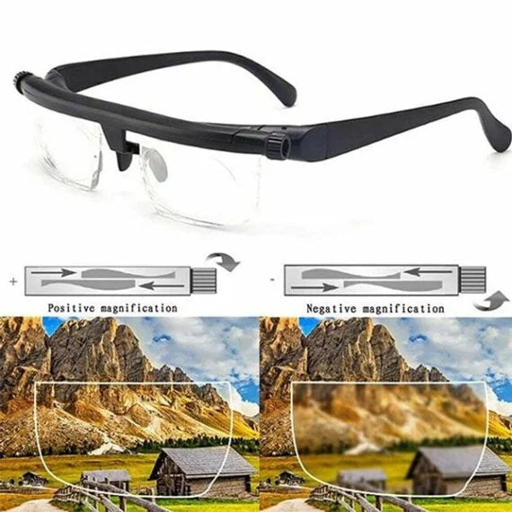 Black adjustable reading glasses with clear lenses and adjustable nose bridge, side angle