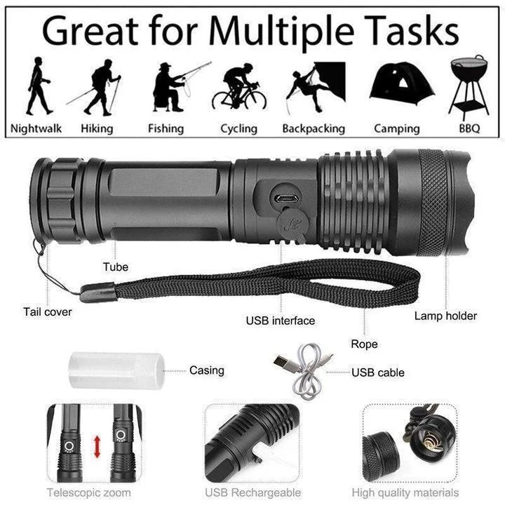Diagram of a USB rechargeable flashlight with included cable and accessories