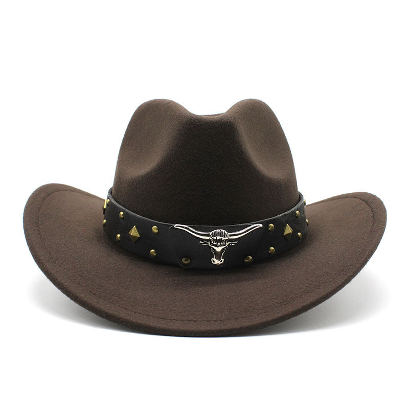 Brown western cowboy hat with studded band and silver bull head buckle detail