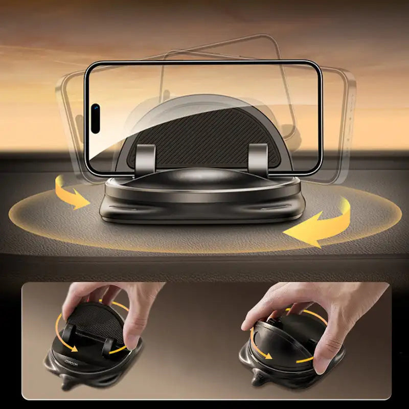 Black car phone mount showing 360° rotation base and grip arms