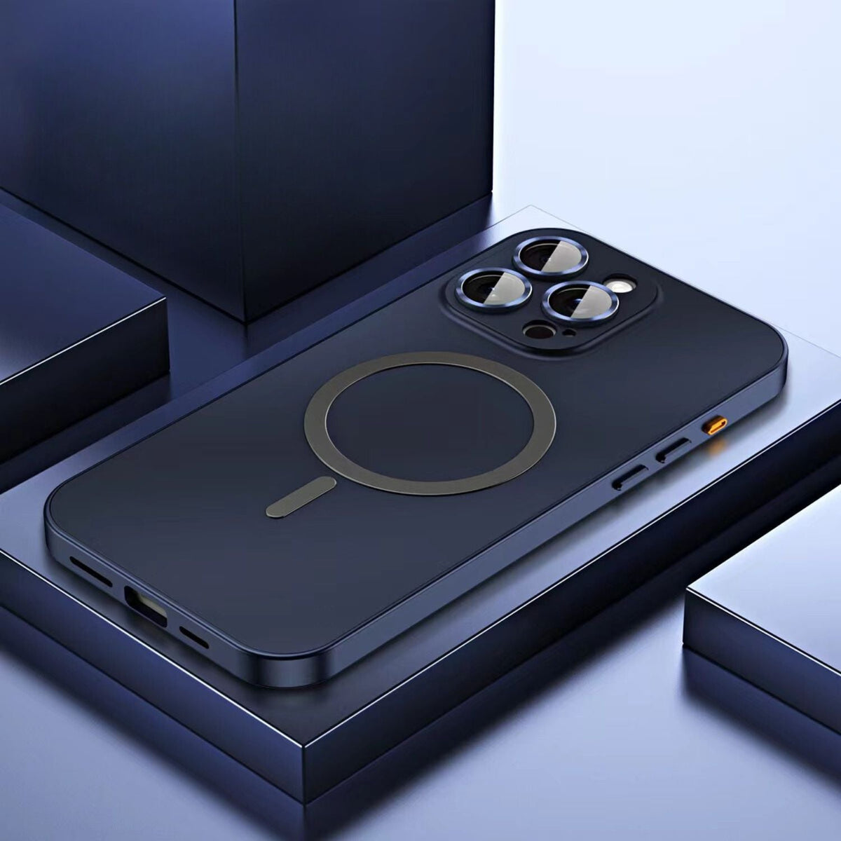 Magnetic metal iPhone case in dark blue with magnetic ring and triple-camera cutout