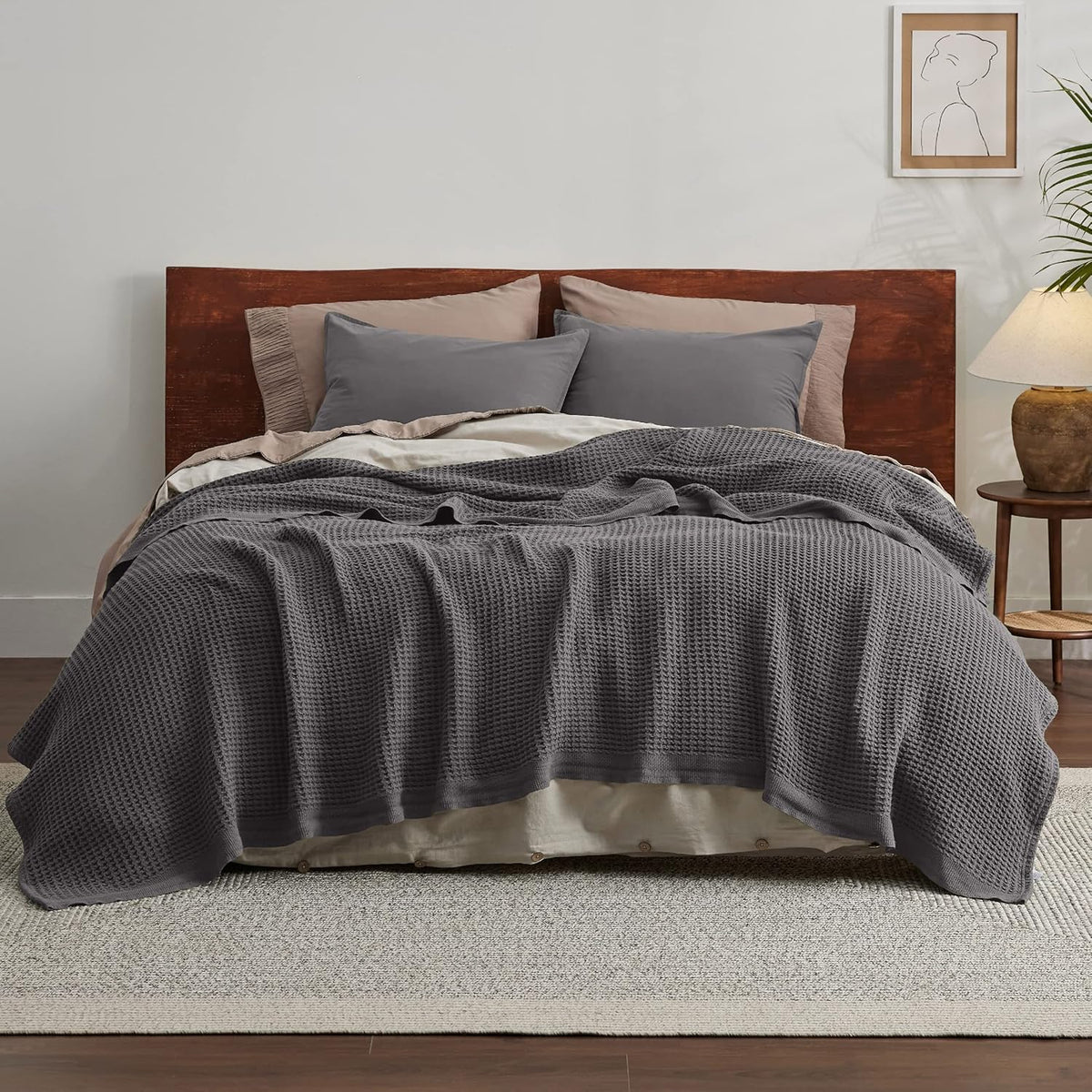 Cotton waffle-weave cooling blanket, gray waffle-texture blanket on bed