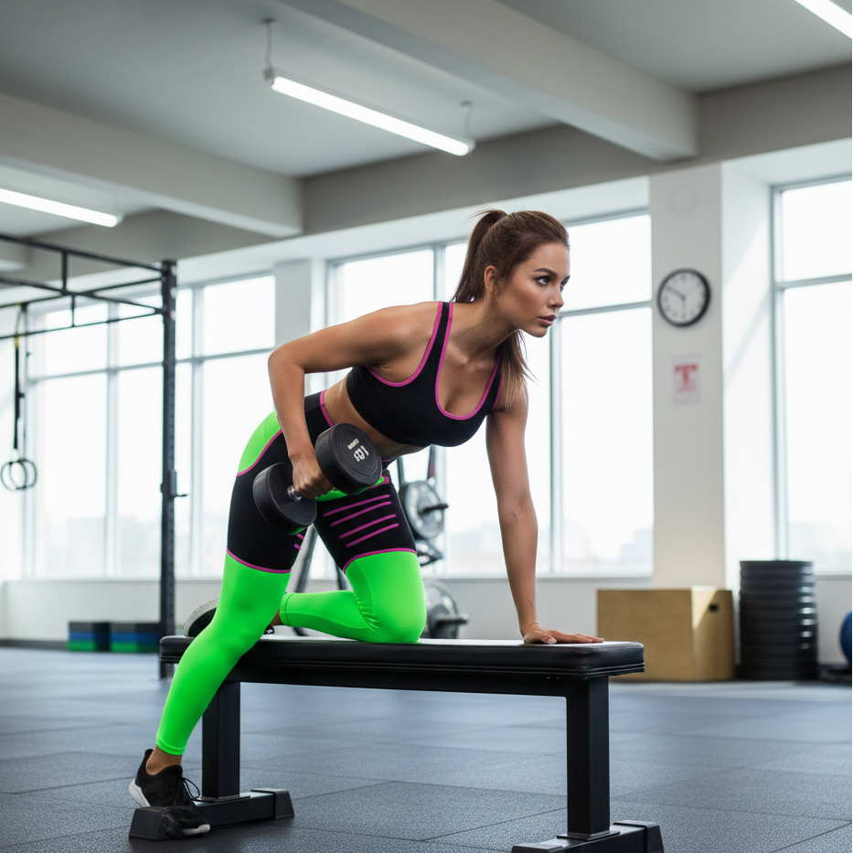 Woman exercising with dumbbells in a gym setting