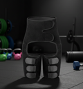 Black fitness brace on a dark background with gym equipment.