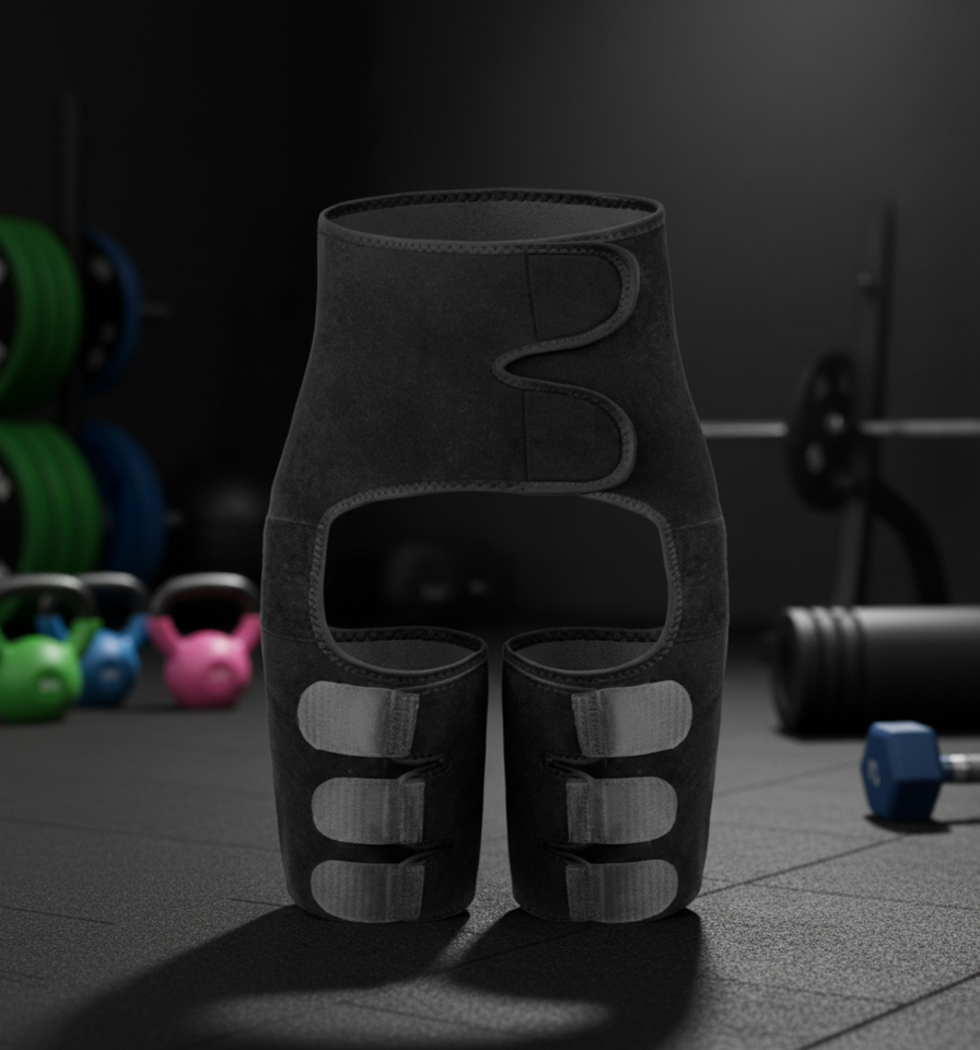 Black fitness brace on a dark background with gym equipment.