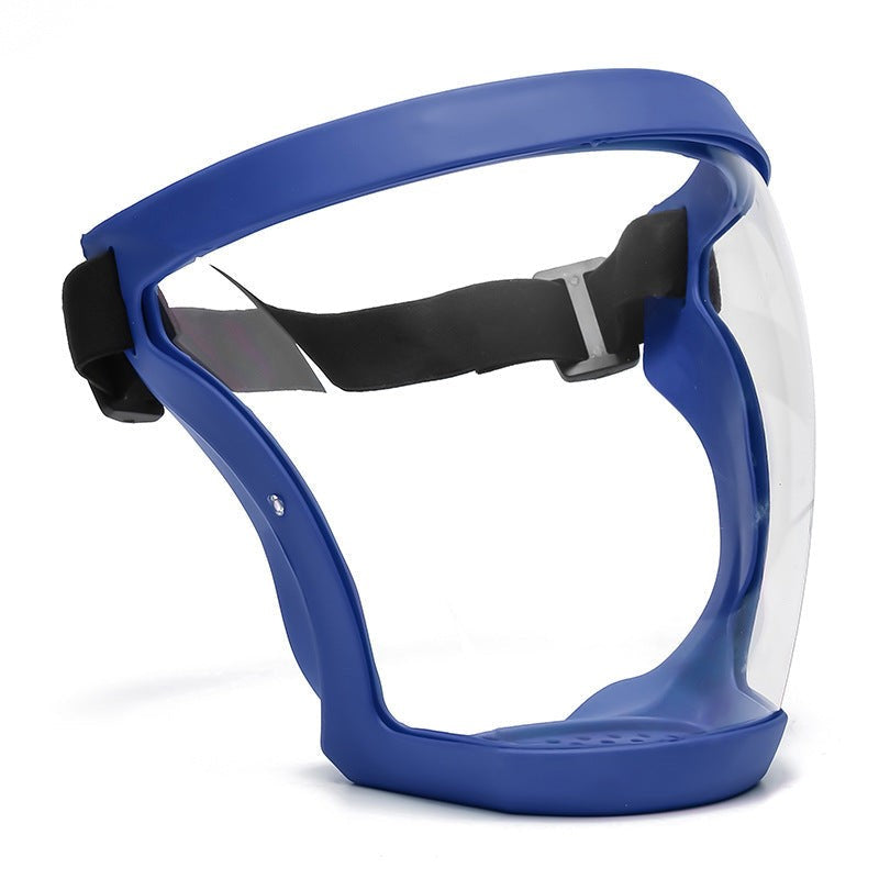 Anti-fog protective face shield with blue frame and clear visor, side angle