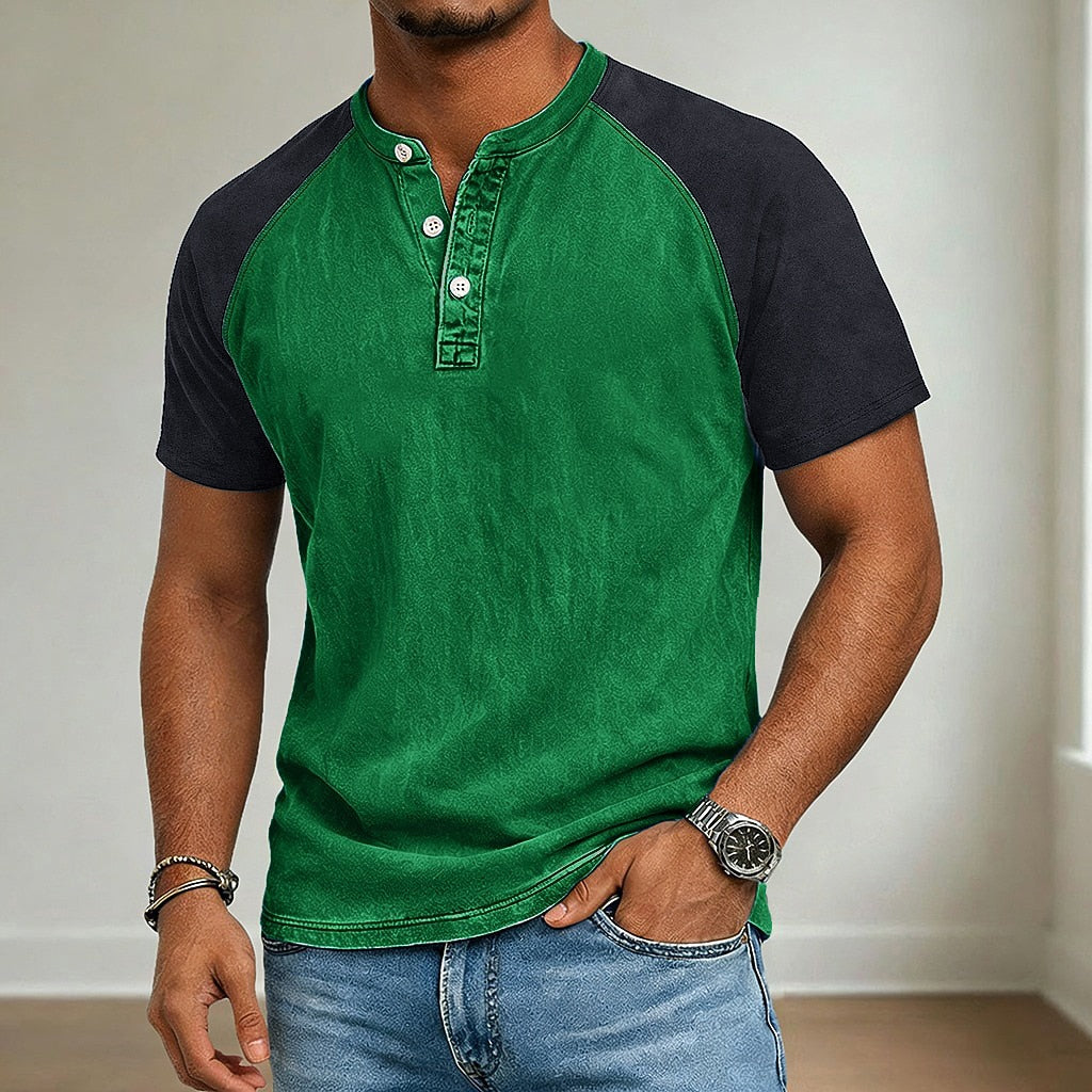 Vintage wash henley shirt, worn side view
