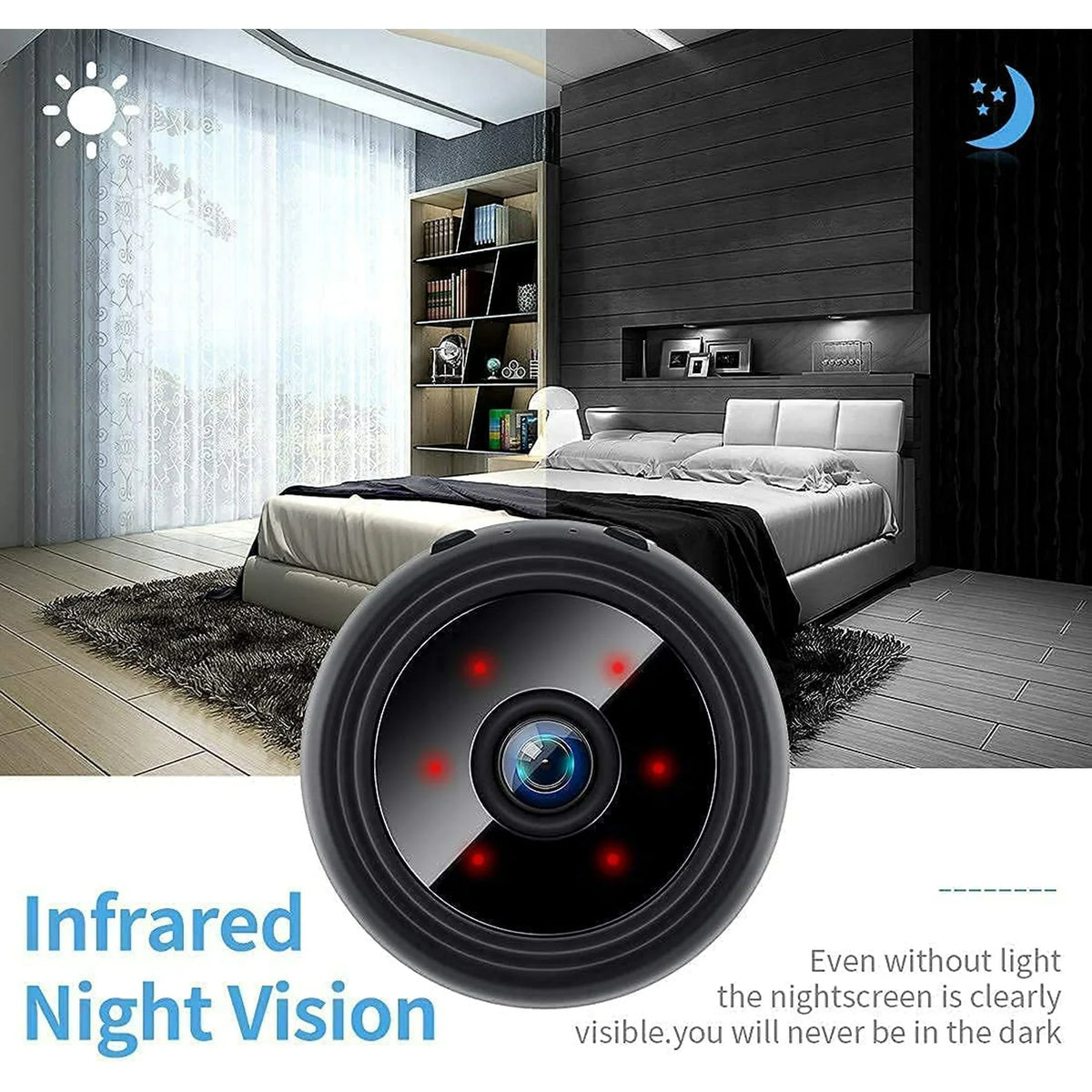 Mini magnetic live camera with lens front, showing infrared night vision in a bedroom