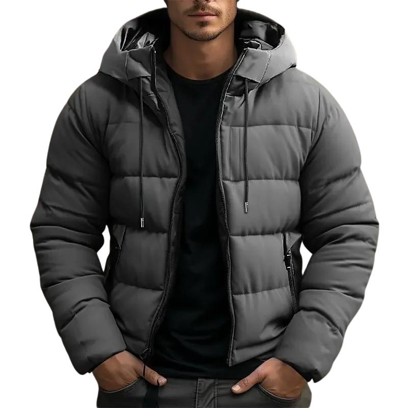Men's gray hooded puffer jacket with front zipper and quilted sleeves