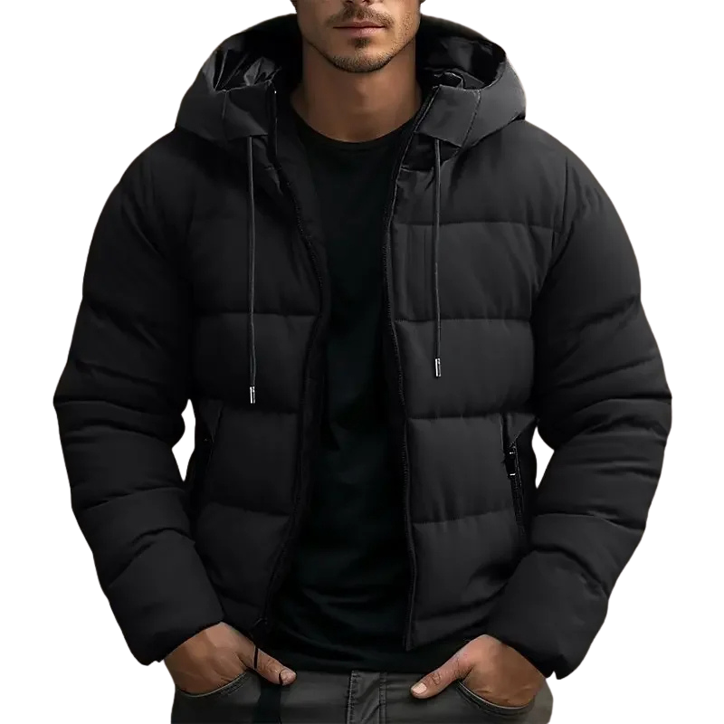 Men's black hooded puffer jacket with front zipper and side zip pockets