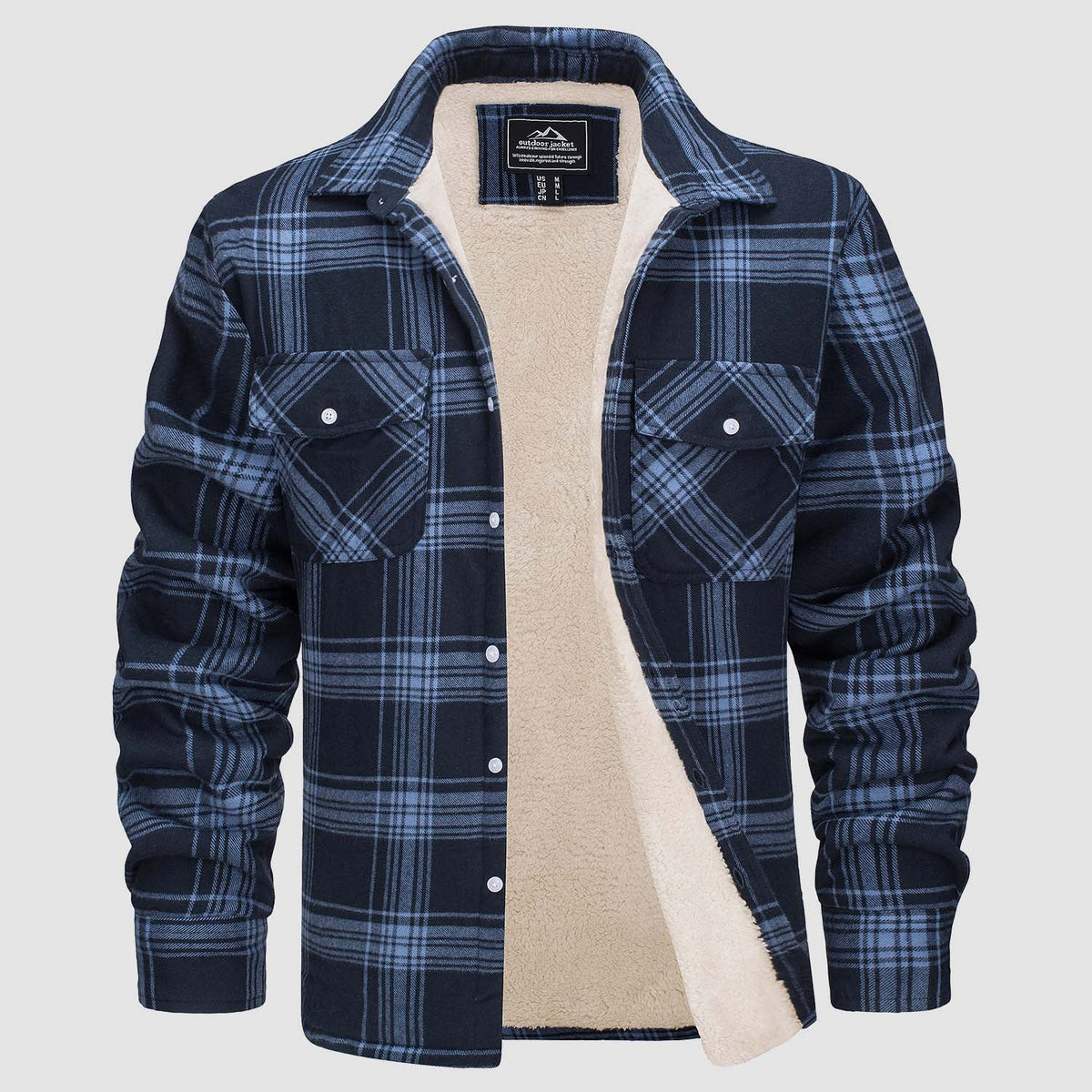 Front view of plaid fleece-lined jacket in dark blue check, tan sherpa lining, button placket