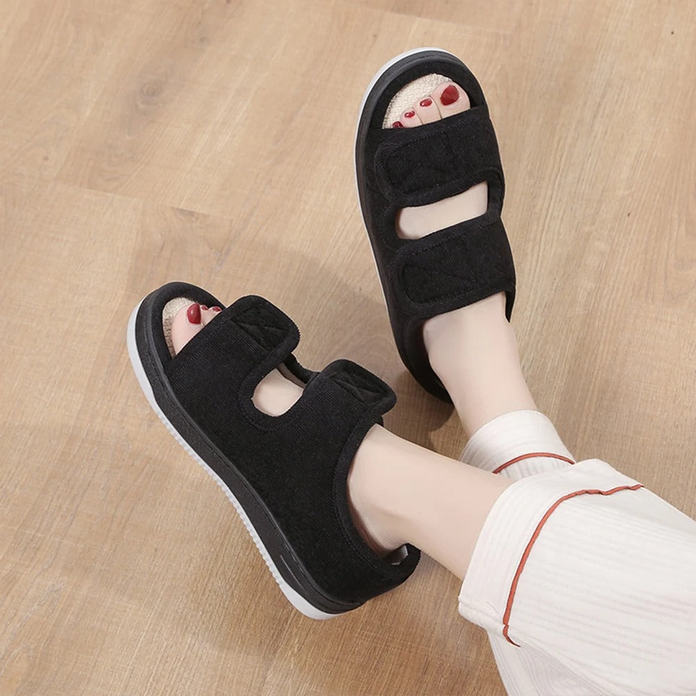 Wide-fit comfort sandals in black fabric with open toe and hook straps