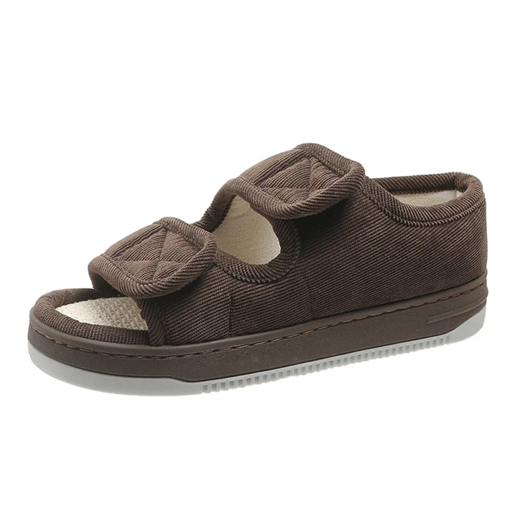Wide-fit comfort sandals in tan fabric with double hook-and-loop straps