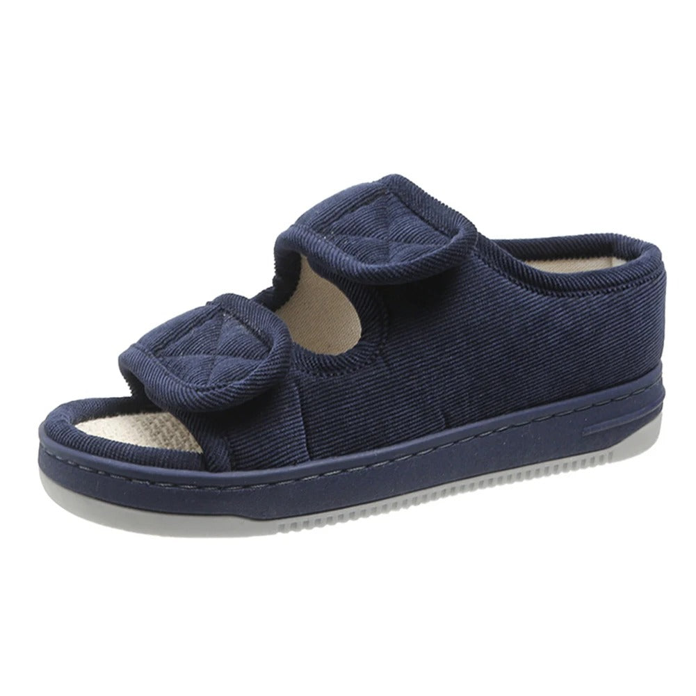 Wide-fit comfort sandals in navy blue fabric with double hook-and-loop straps