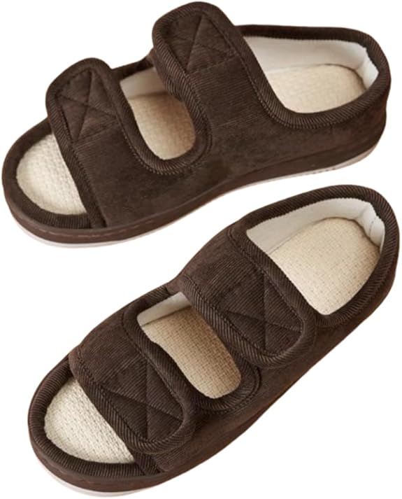 Wide-fit comfort sandals in brown fabric with adjustable hook straps