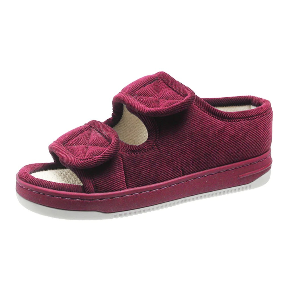 Wide-fit comfort sandals in burgundy fabric with double hook-and-loop straps