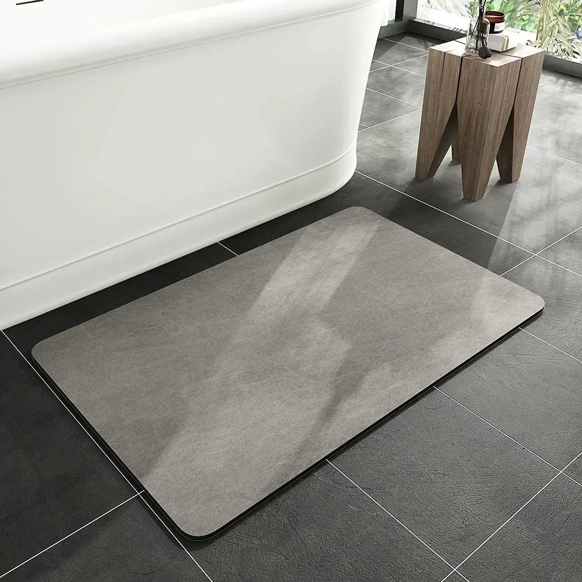 Diatomite quick-dry mat, light gray, suede-like texture, rounded corners