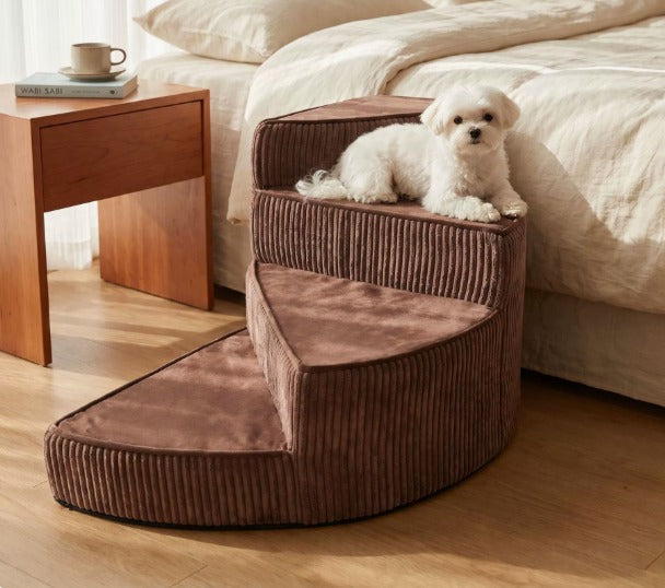 Brown 2-step dog stairs with foam padding, non-slip base, and curved sides