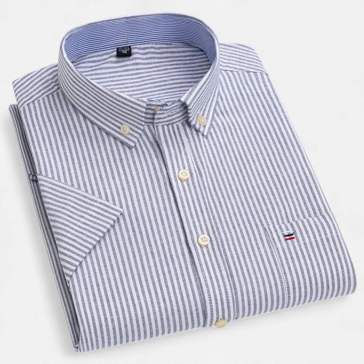 Men's classic short-sleeve oxford shirt in light gray-blue pinstripe