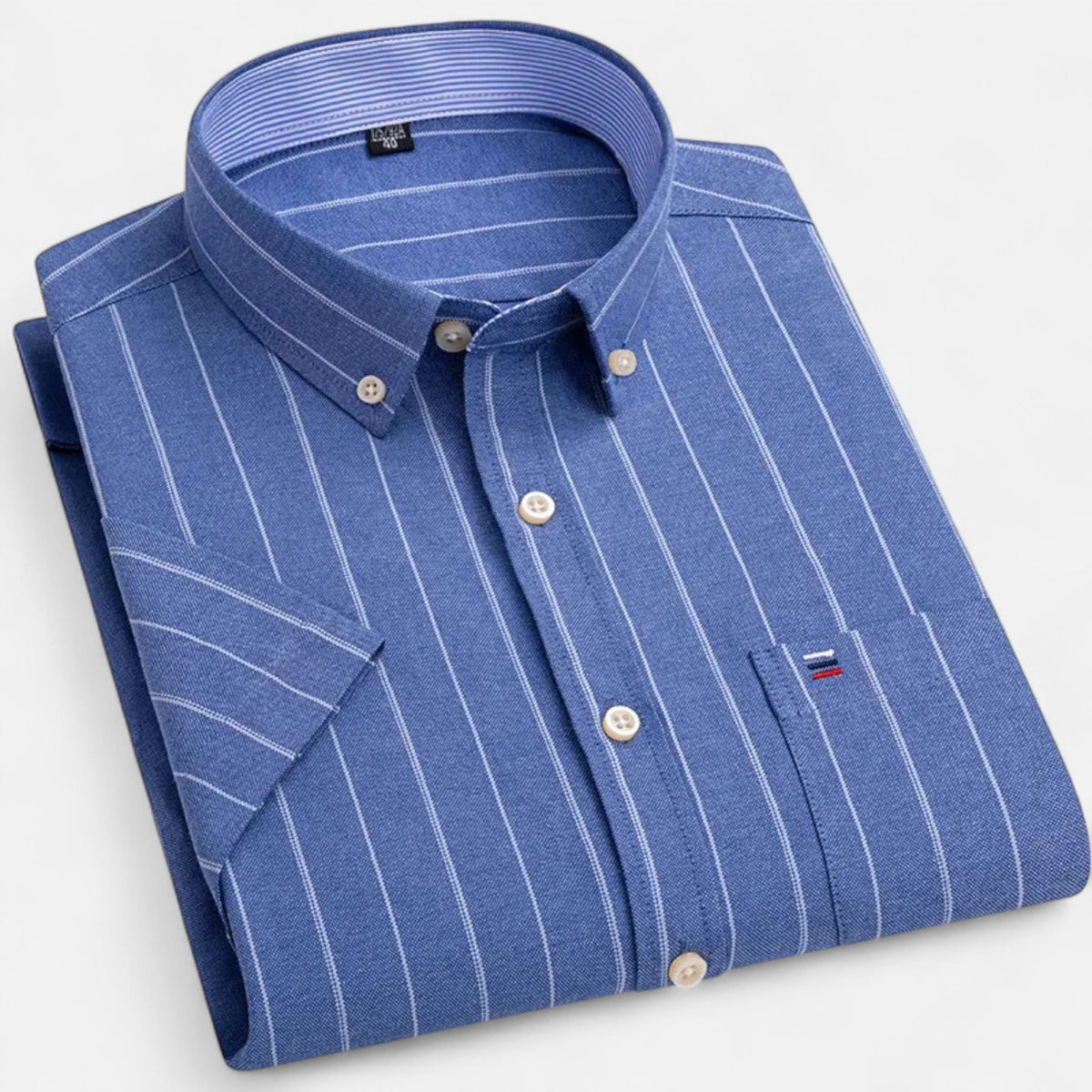 Men's short-sleeve oxford shirt in blue with light grid stripe pattern, button-down collar