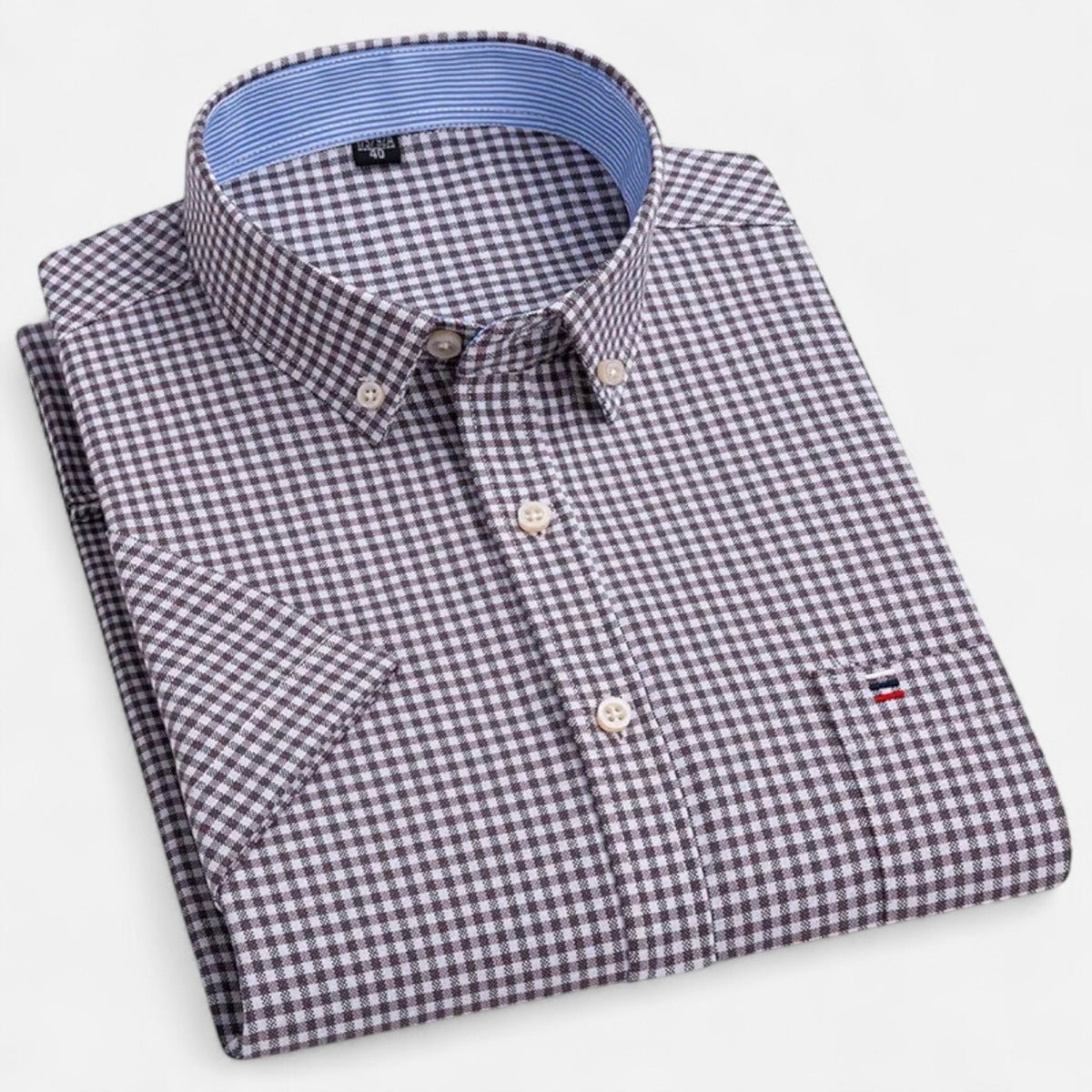 Men's classic short-sleeve oxford shirt in dark check plaid with button placket
