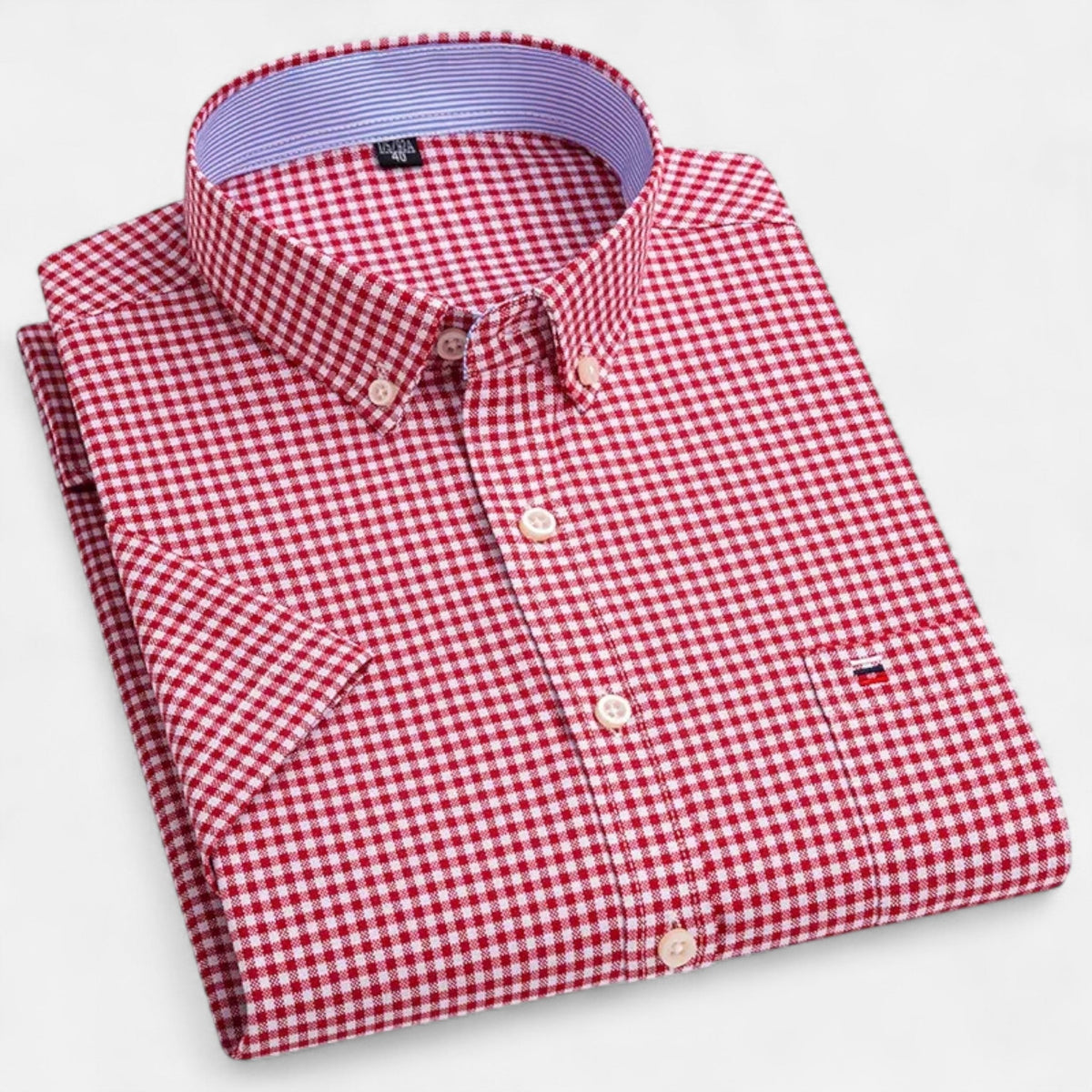 Men's classic short-sleeve button-up shirt, red and white gingham plaid with buttons.