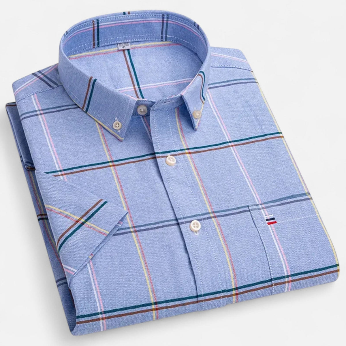 Men's classic short-sleeve button-up shirt in light blue stripe plaid with chest pocket.