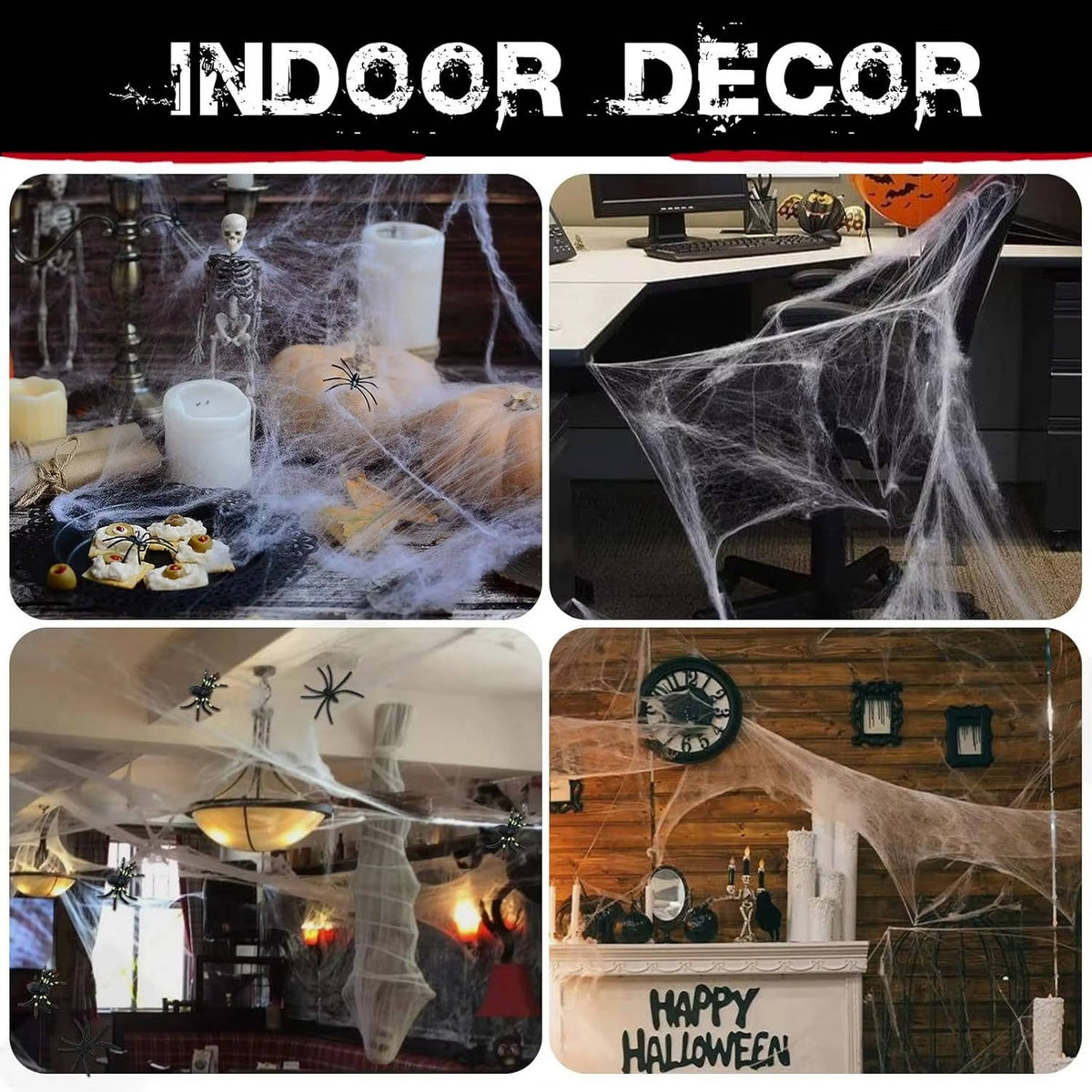 Indoor spider web decoration with white web mesh and scattered black spider figures