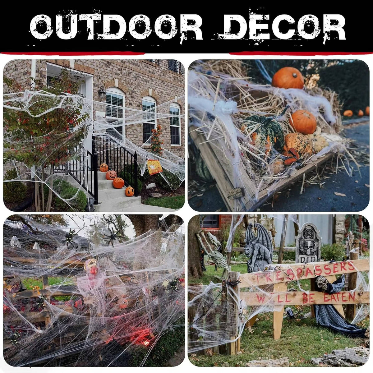 Stretchable spider web decoration with white web strands and small black spiders