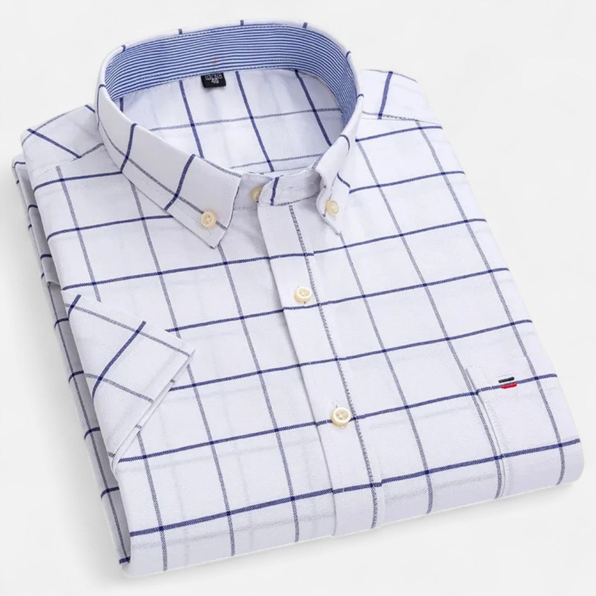 Men's classic short-sleeve oxford shirt in white with blue windowpane plaid