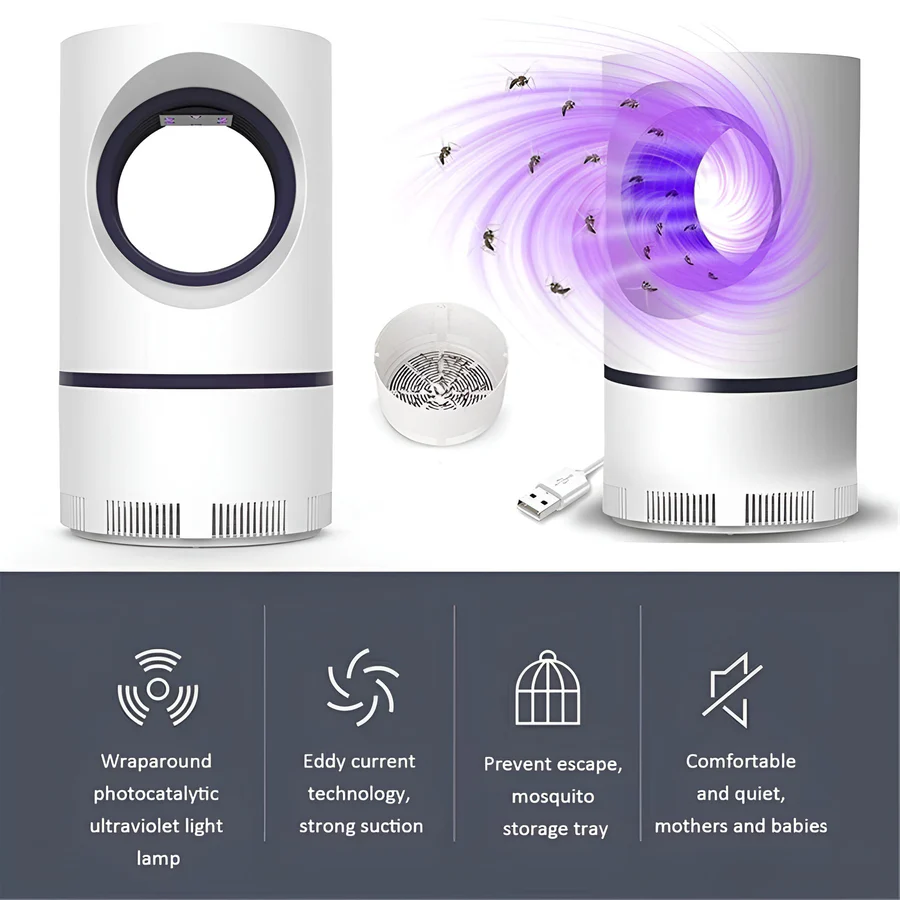 White UV insect trap with purple light, spare mesh cover, and USB plug