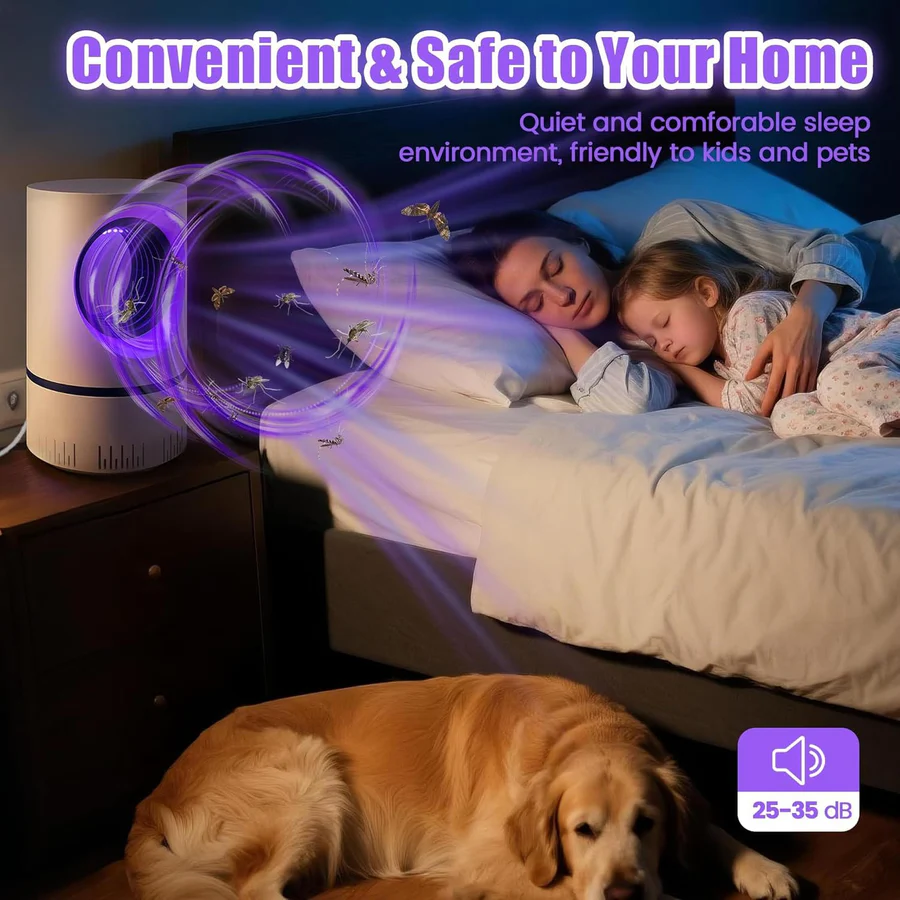 White UV insect trap glowing purple beside sleeping family and golden retriever
