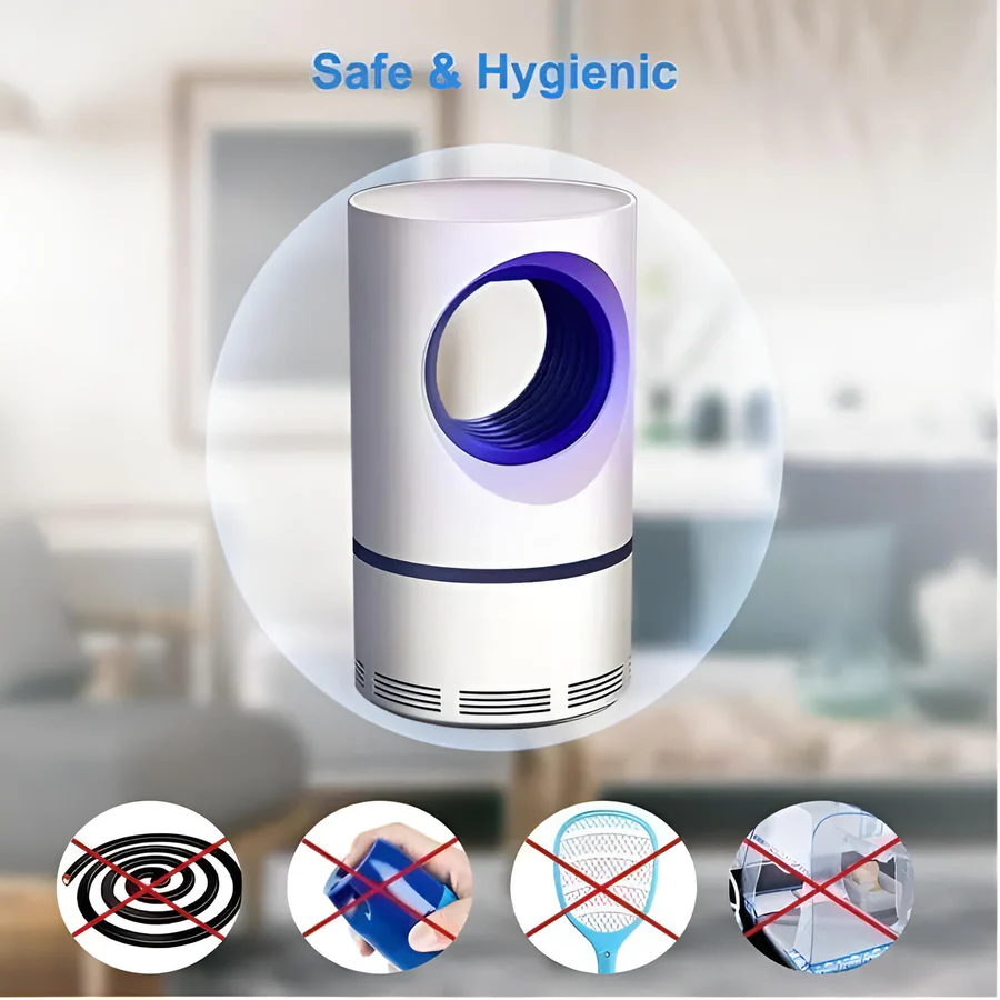 White UV insect trap with purple light ring and safety feature icons