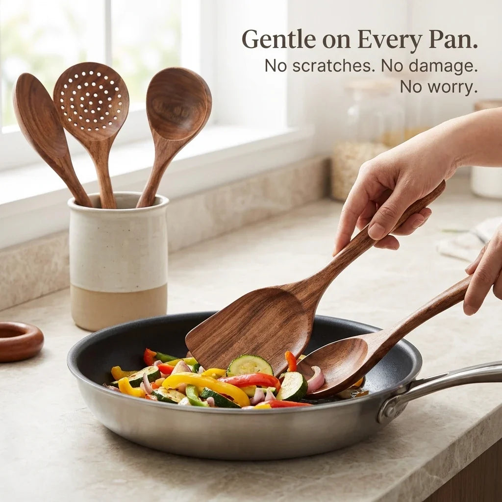 Teak wooden ladles and spoons utensil set standing in a holder beside a skillet