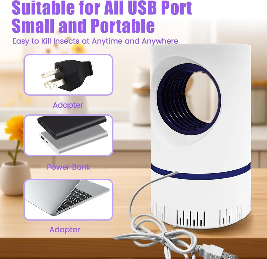 White portable UV insect trap with USB cable and adapter shown