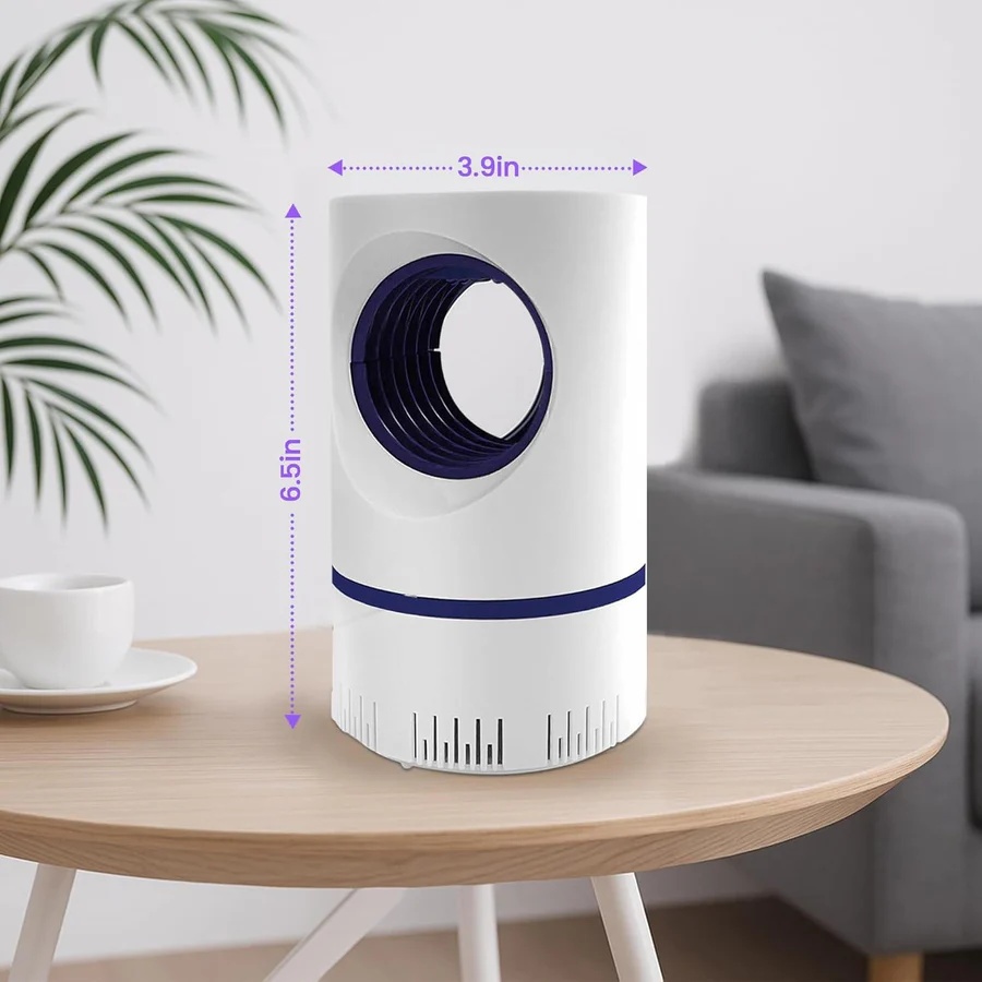 White UV insect trap with purple intake ring, standing on a tabletop