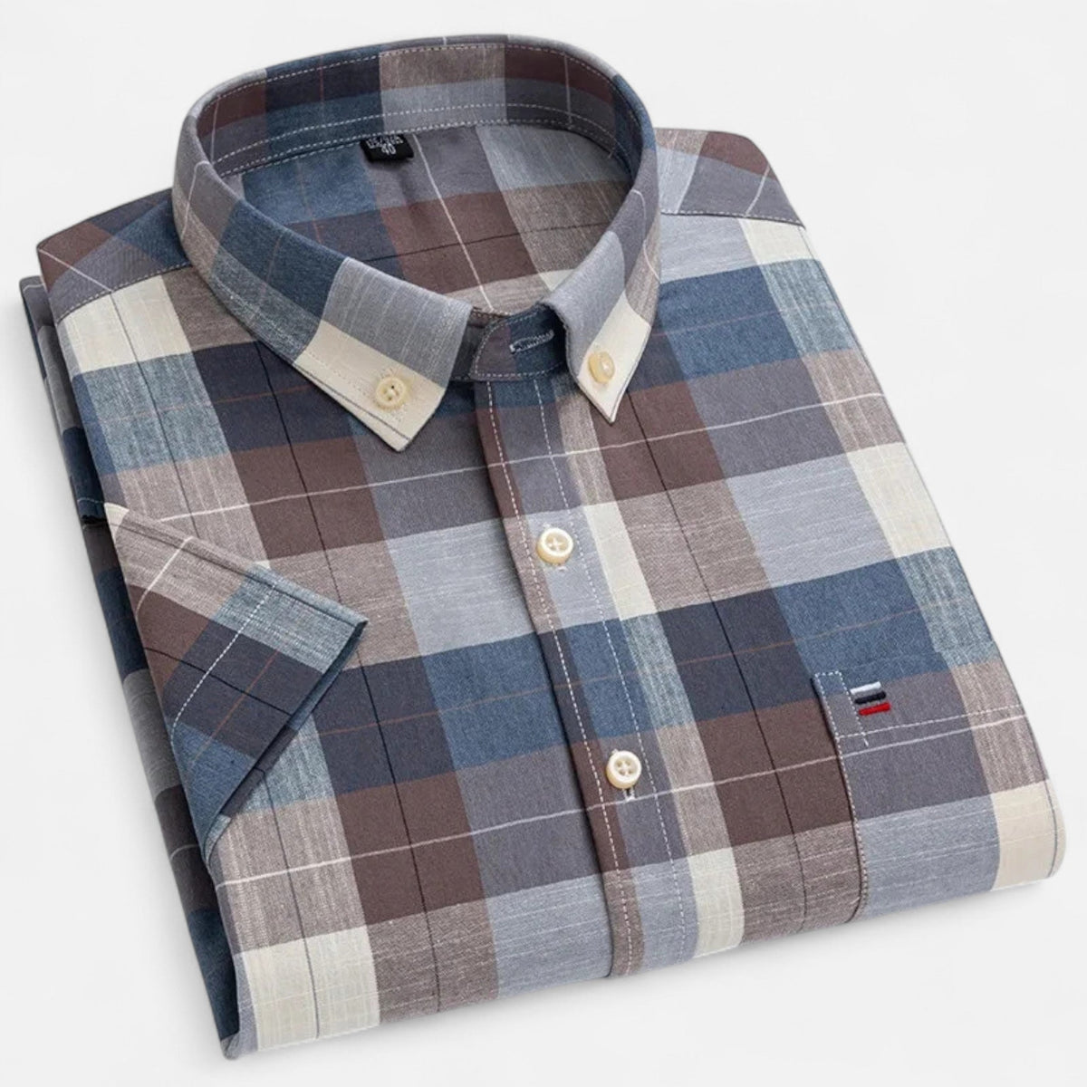 Men's short-sleeve oxford shirt in dark blue and gray plaid with tan accents, button placket