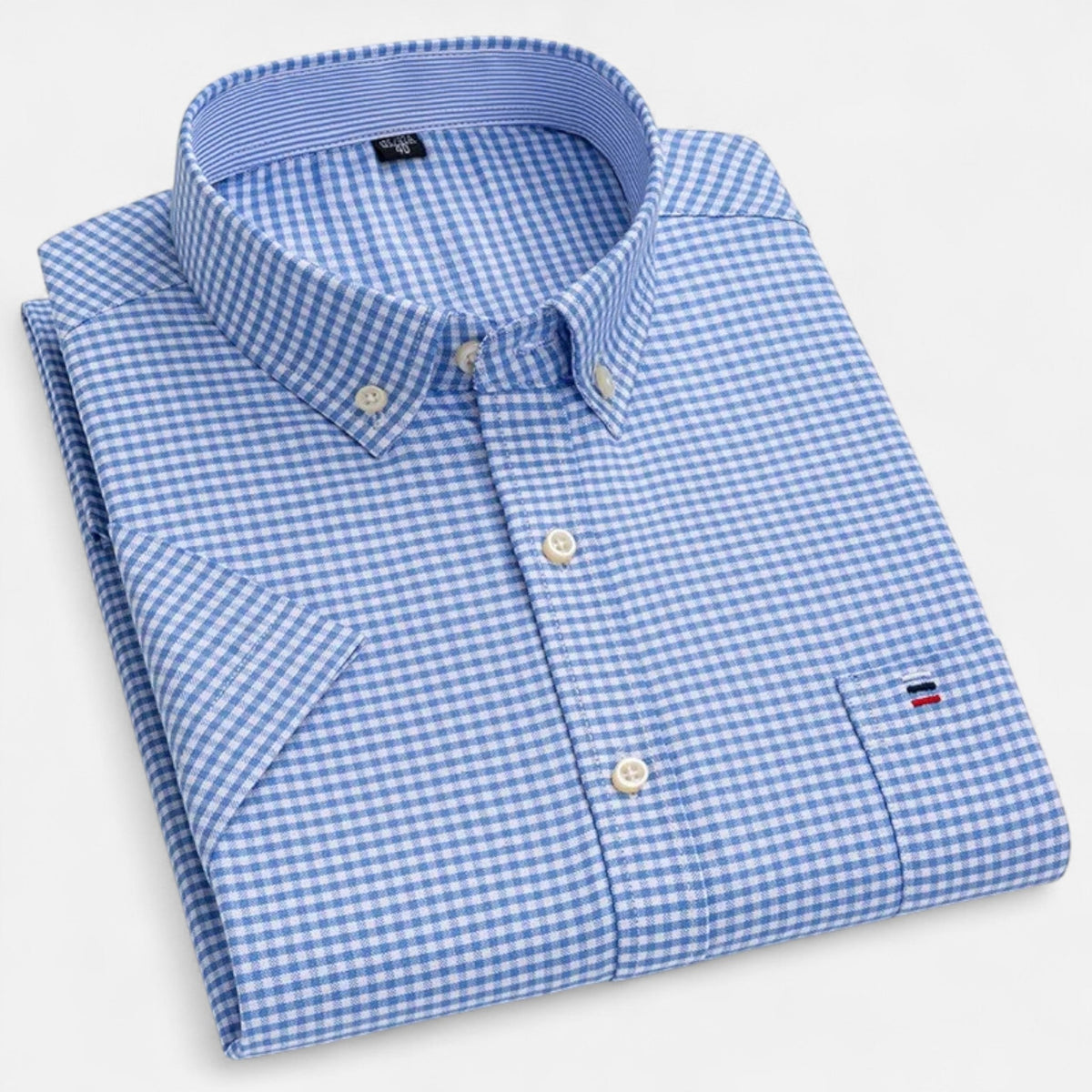 Men's short-sleeve oxford shirt in light blue gingham check, front button placket