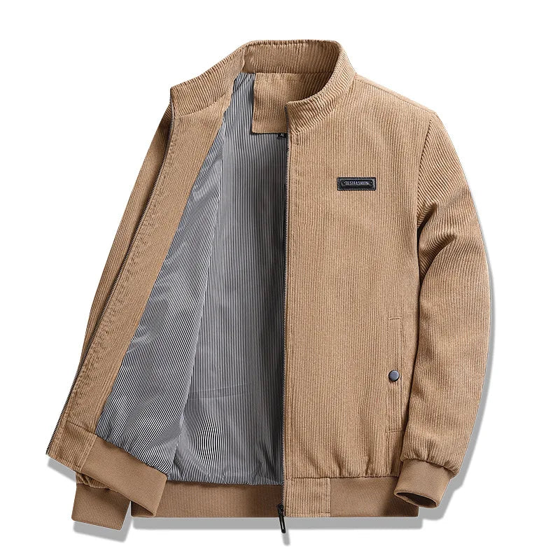 Men's relaxed corduroy workwear jacket in tan, full-zip with stand collar and chest patch
