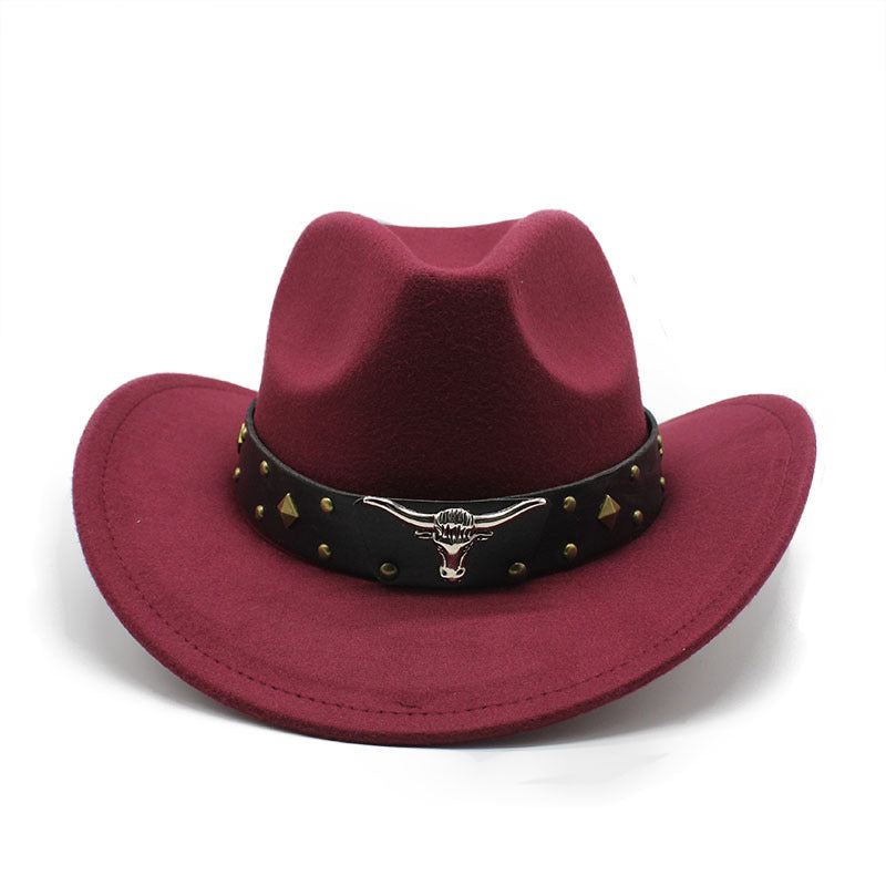 Wine red western cowboy hat with studded band and silver bull head buckle detail