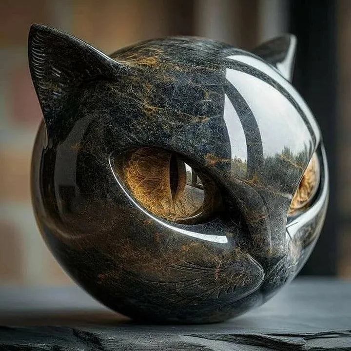 Close-up of cat head sculpture with amber eyes and glossy silver-white stripe