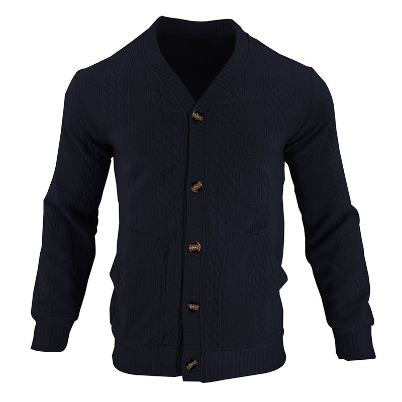 Men's textured knit button cardigan, dark navy, V-neck with gold-tone buttons