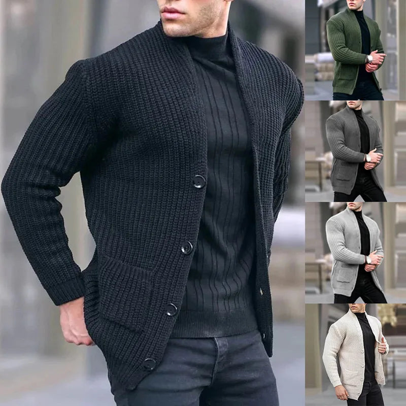 Black knit cardigan with button front, ribbed cuffs, and patch pockets