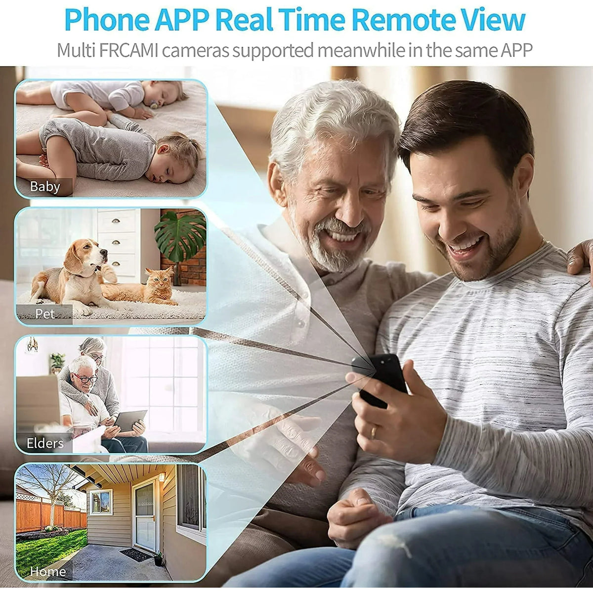 Live camera app interface for remote viewing with baby, pet, elder, and home thumbnails