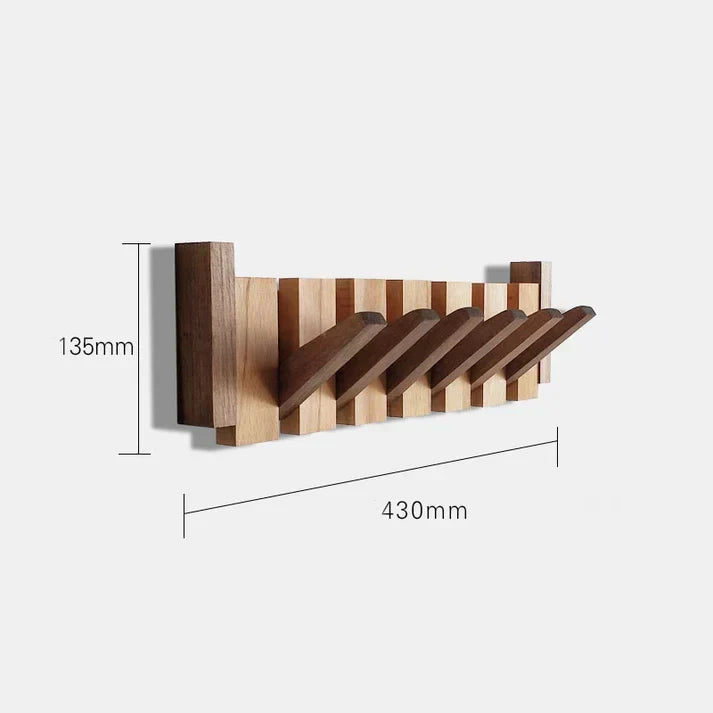 Fold-out wooden wall hook rack with dark brown and light wood arms
