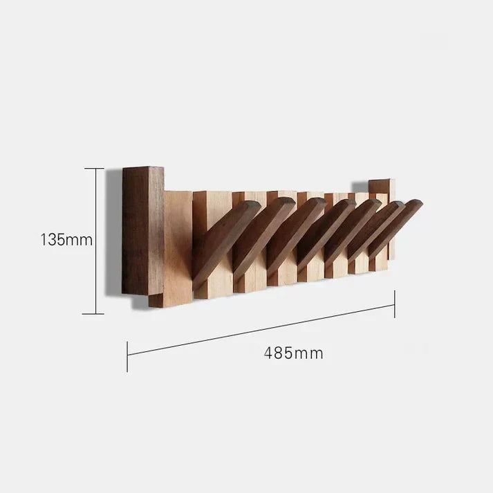 Fold-out wooden wall hook rack with alternating dark and light hook arms