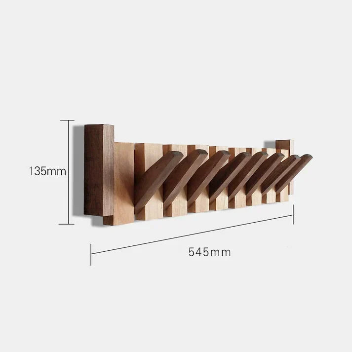 Fold-out wooden wall hook rack with multiple hook arms and solid base